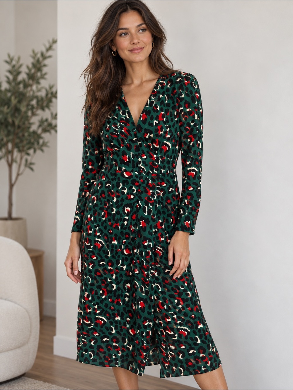 Leith Green Leopard-Print Wrap Midi Dress with Red & Cream Spots. Never Worn